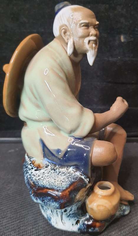 Vintage Chinese Shiwan Ceramic Mud Man Figurine FISHERMAN sold as is