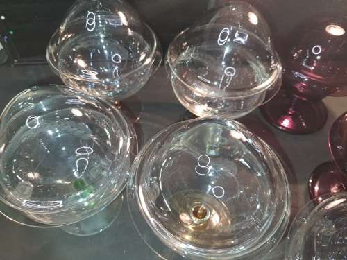 A BEAUTIFUL JOBLOT 0F 9 CRYSTAL GLASS COCKTAIL GOBLETS WITH GLASS INNER BOWLS SOLD AS IS