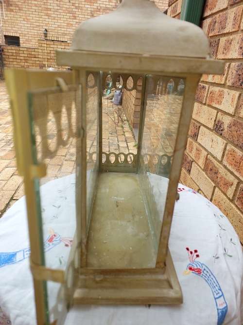 A beautiful off-white tan rustic Edwardian style double candle lantern sold as is