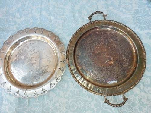 TWO ANTIQUE SILVER-PLATED SERVING TRAYS SOLD AS IS