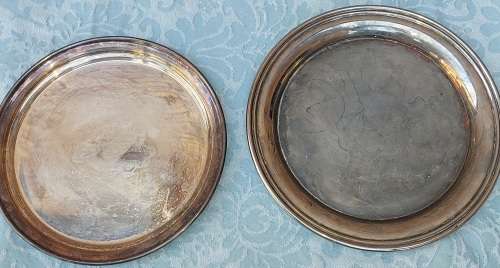 TWO VINTAGE MEDIUM SIZE S/S SERVING TRAYS SOLD AS IS
