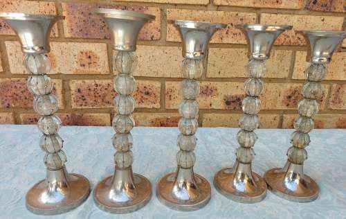 FIVE IDENTICAL ART DECOR SILVER PLATED WITH GLASS AND WIRE WORK CANDLE STANDS