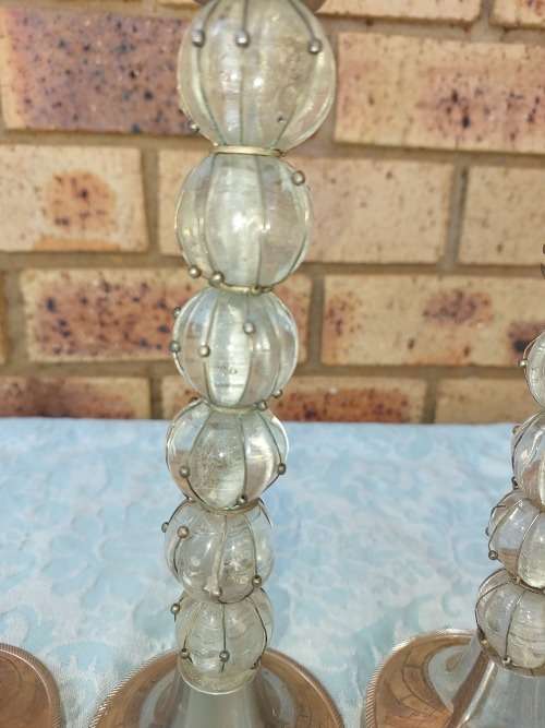 FIVE IDENTICAL ART DECOR SILVER PLATED WITH GLASS AND WIRE WORK CANDLE STANDS