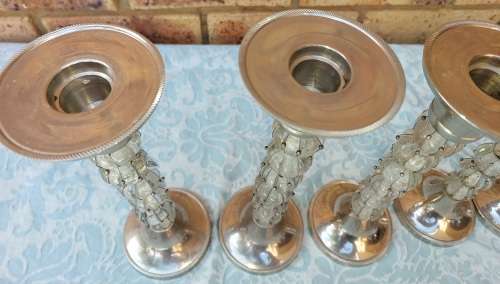 FIVE IDENTICAL ART DECOR SILVER PLATED WITH GLASS AND WIRE WORK CANDLE STANDS