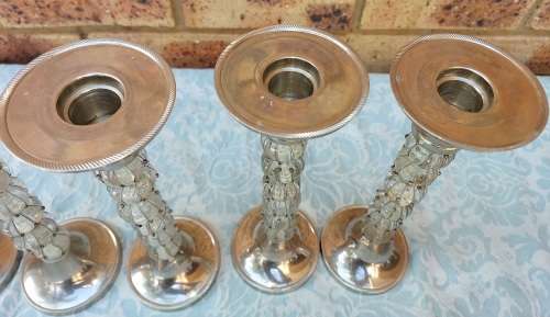 FIVE IDENTICAL ART DECOR SILVER PLATED WITH GLASS AND WIRE WORK CANDLE STANDS