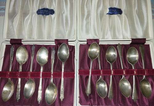 TWO ANTIQUE SILVER PLATED EPNS FINEST FINISH MADE IN SHEFFIELD ENGLAND TEASPOON SETS CASED