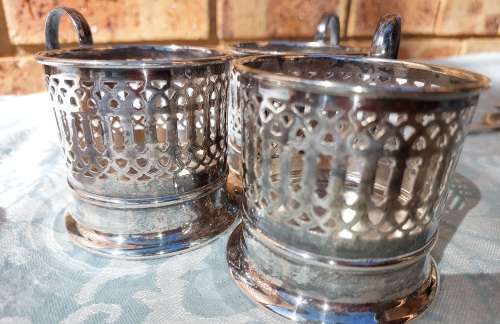 A SET OF 3 TEA GLASS HOLDER EPNS IN GOOD CONDITION SOLD AS IS
