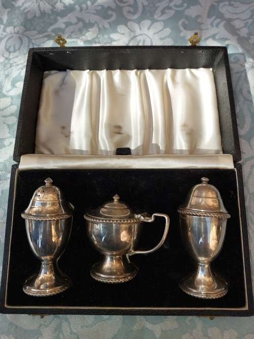 A ANTIQUE COLLECTORS SALT AND PEPPER DISPENSERS SET IN ITS ORIGINAL CASE SOD AS IS