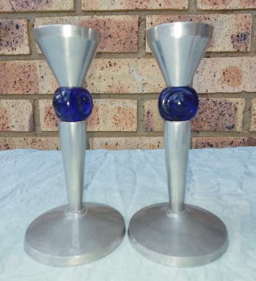 A PAIR ART DECOR ALUMINUM ALLOY WITH COBALT BLUE GLASS INSERT CANDLE STANDS