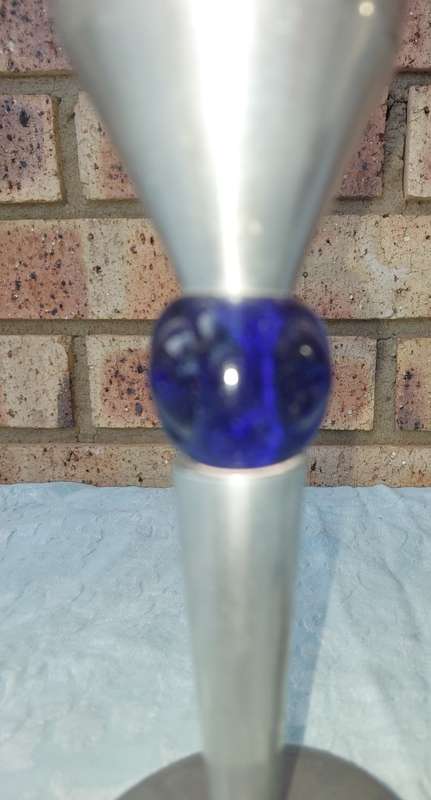 A PAIR ART DECOR ALUMINUM ALLOY WITH COBALT BLUE GLASS INSERT CANDLE STANDS