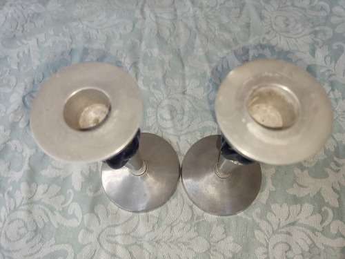 A PAIR ART DECOR ALUMINUM ALLOY WITH COBALT BLUE GLASS INSERT CANDLE STANDS
