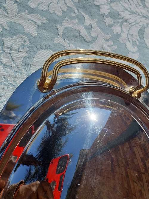 AN OVAL STAINLESS STEEL SERVING PLATTER WITH GOLD TONE HANDLES SOLD AS IS