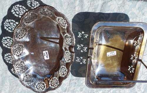 2 ANTIQUE EPNS SHEFFIELD SERVING TRAYS SOLD AS IS