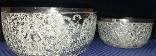 TWO VINTAGE VIETNAMESE BUDDHIST TEMPLE ENGRAVE SCENES SILVER PLATED BOWLS