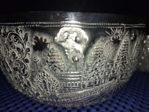 TWO VINTAGE VIETNAMESE BUDDHIST TEMPLE ENGRAVE SCENES SILVER PLATED BOWLS