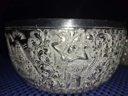 TWO VINTAGE VIETNAMESE BUDDHIST TEMPLE ENGRAVE SCENES SILVER PLATED BOWLS