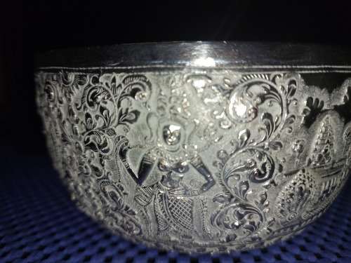 TWO VINTAGE VIETNAMESE BUDDHIST TEMPLE ENGRAVE SCENES SILVER PLATED BOWLS