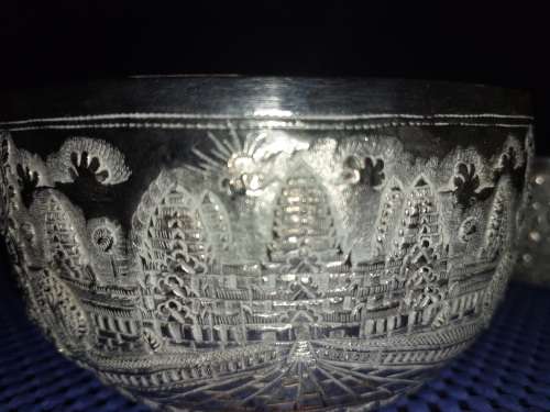 TWO VINTAGE VIETNAMESE BUDDHIST TEMPLE ENGRAVE SCENES SILVER PLATED BOWLS