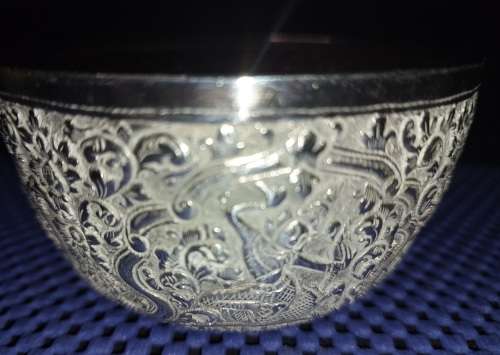 TWO VINTAGE VIETNAMESE BUDDHIST TEMPLE ENGRAVE SCENES SILVER PLATED BOWLS