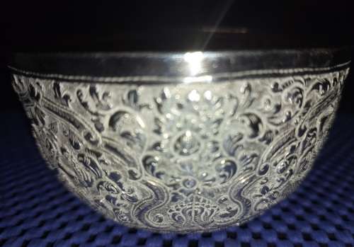 TWO VINTAGE VIETNAMESE BUDDHIST TEMPLE ENGRAVE SCENES SILVER PLATED BOWLS