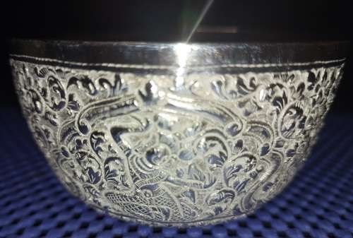 TWO VINTAGE VIETNAMESE BUDDHIST TEMPLE ENGRAVE SCENES SILVER PLATED BOWLS