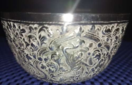 TWO VINTAGE VIETNAMESE BUDDHIST TEMPLE ENGRAVE SCENES SILVER PLATED BOWLS
