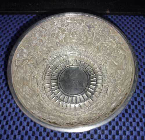 TWO VINTAGE VIETNAMESE BUDDHIST TEMPLE ENGRAVE SCENES SILVER PLATED BOWLS