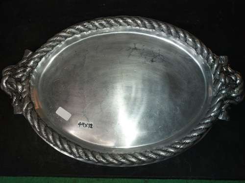 A VINTAGE 49 X 32 CENTIMETER OVAL CAROL BOYES STYLE ALUMINIUM/PEWTER ALLOY SERVING PLATTER