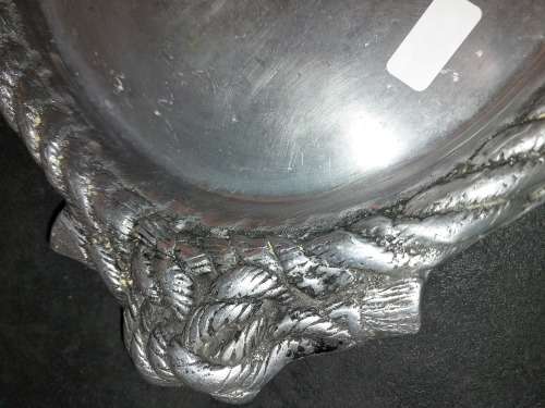 A VINTAGE 49 X 32 CENTIMETER OVAL CAROL BOYES STYLE ALUMINIUM/PEWTER ALLOY SERVING PLATTER