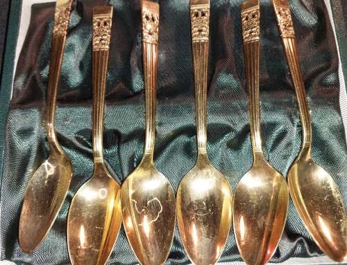 A VINTAGE FRUIT SPOONS COMMUNITY G/P IN A LEATHER-BOUND CASE