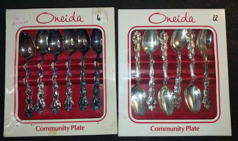 TWO VINTAGE SETS OF COMMUNITY PLATED TEASPOONS IN THEIR ORIGINAL BOXES