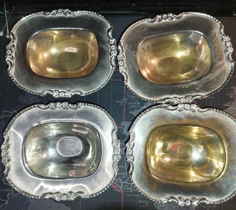FOUR VINTAGE SILVER PLATED EDWARDIAN DESIGN FINGER TRAYS