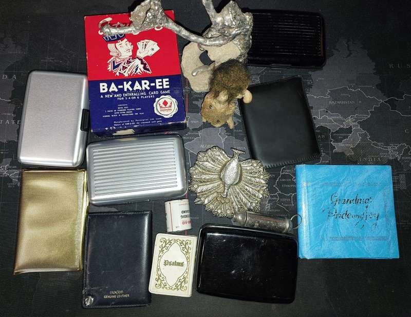 A VINTAGE JOB LOT CARD HOLDERS AND MIXED ITEMS SOLD AS IS
