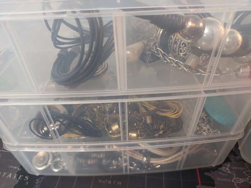 A BULK COLLECTION OF COSTUME JEWELRY AND THE PLASTIC CASES SOLD AS IS