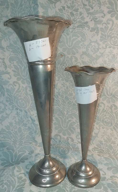 TWO VINTAGE SILVER PLATED TRUMPET VASES SOLD AS IS