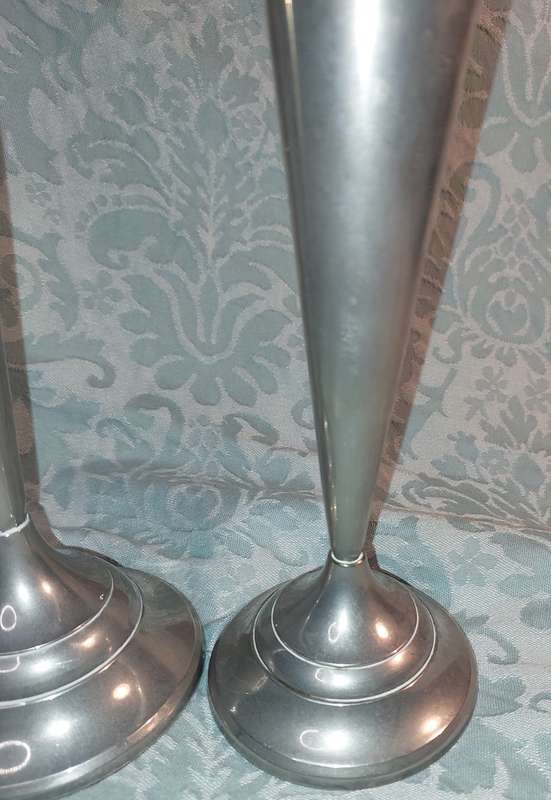 TWO VINTAGE SILVER PLATED TRUMPET VASES SOLD AS IS