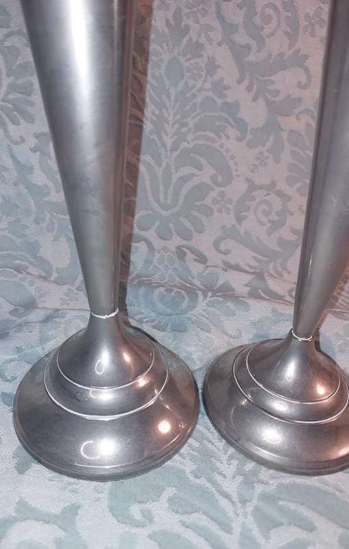 TWO VINTAGE SILVER PLATED TRUMPET VASES SOLD AS IS