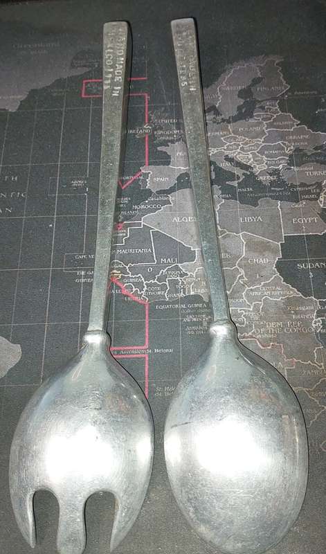 A VINTAGE ALUMINIUM ALLOY HAND-MADE IN MEXICO 1995 SALAD LADEL SET