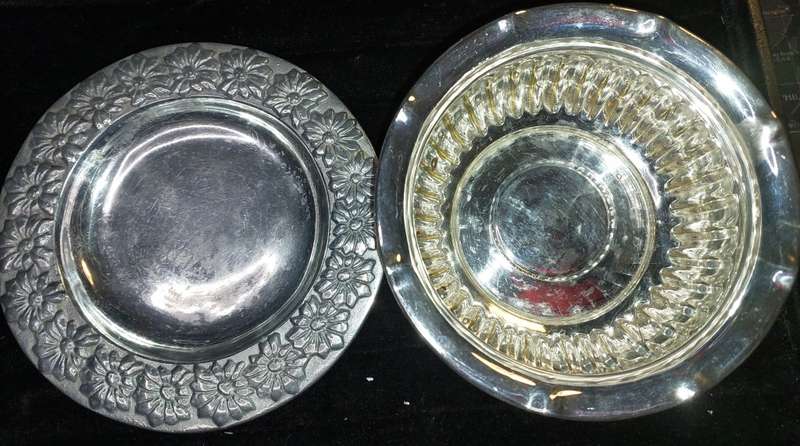 TWO VINTAGE ORNATE ART DECOR ALUMINUM ALLOY SERVING PLATE AND A SILVER PLATED BOWL