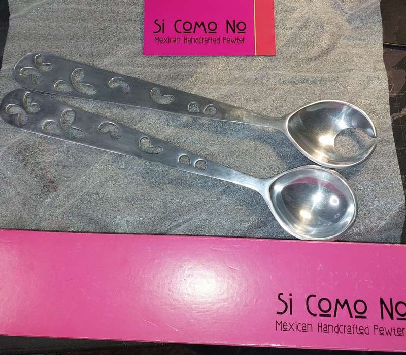 A SI COMO NO MEXICAN HANDCRAFTED PEWTER ART DECOR SET SALAD LADELS