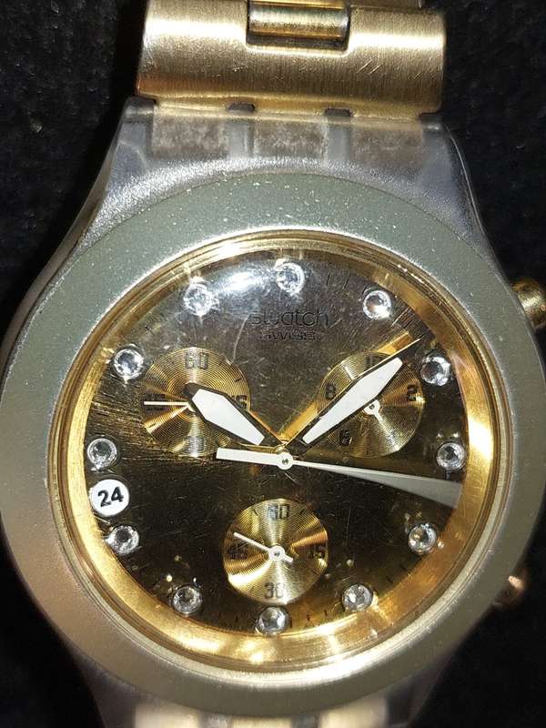 A VINTAGE SWATCH DIAPHANE CHRONO GOLD PLATED WITH EXTRA LINKS AND ALL PAPERS (WORKING)