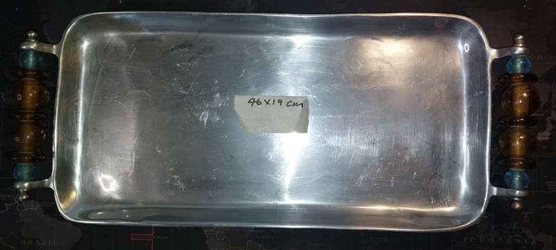 A RECTANGULAR ART DECOR ALUMINIUM ALLOY SERVING TRAY WITH COLOURED GLASS HANDLES