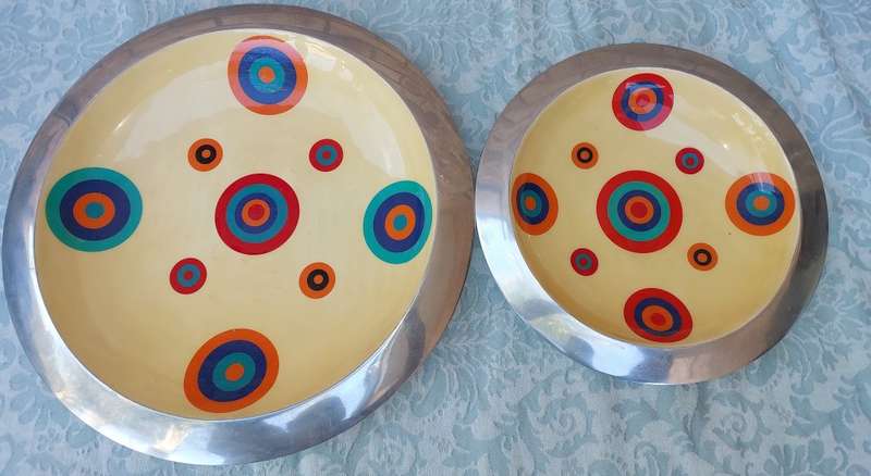 TWO ART DECOR ALUMINUM ALLOY HANDCRAFTED IN INDIA ROUND SERVING BOWLS WITH PATTERNED ENAMEL INNERS S