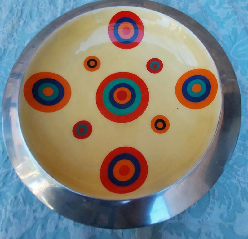 TWO ART DECOR ALUMINUM ALLOY HANDCRAFTED IN INDIA ROUND SERVING BOWLS WITH PATTERNED ENAMEL INNERS S