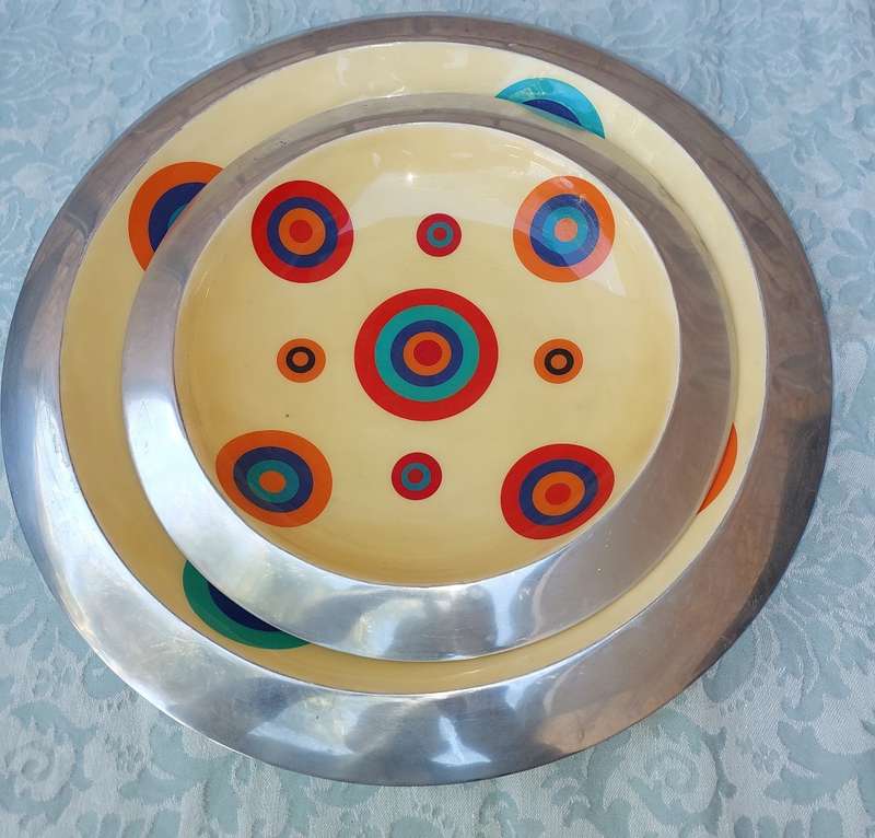 TWO ART DECOR ALUMINUM ALLOY HANDCRAFTED IN INDIA ROUND SERVING BOWLS WITH PATTERNED ENAMEL INNERS S