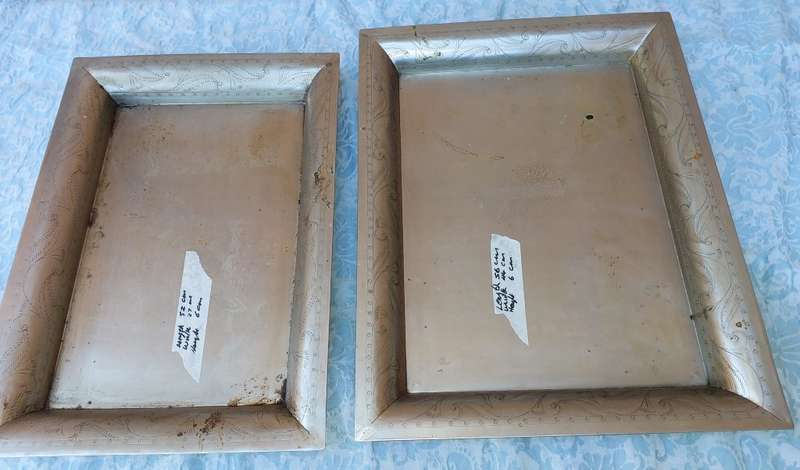 TWO IRON SHEET METAL EXTRA LARGE SERVING TRAYS SOLD AS IS