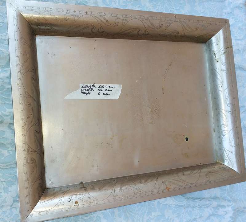 TWO IRON SHEET METAL EXTRA LARGE SERVING TRAYS SOLD AS IS