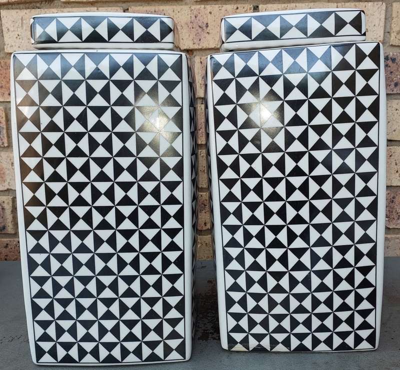 TWO BEAUTIFUL ART DECOR CHECKERED COLOURED PORCELAIN STORAGE JARS