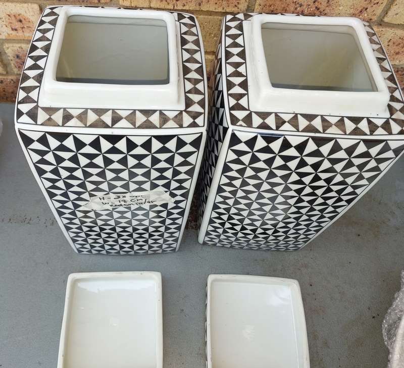 TWO BEAUTIFUL ART DECOR CHECKERED COLOURED PORCELAIN STORAGE JARS