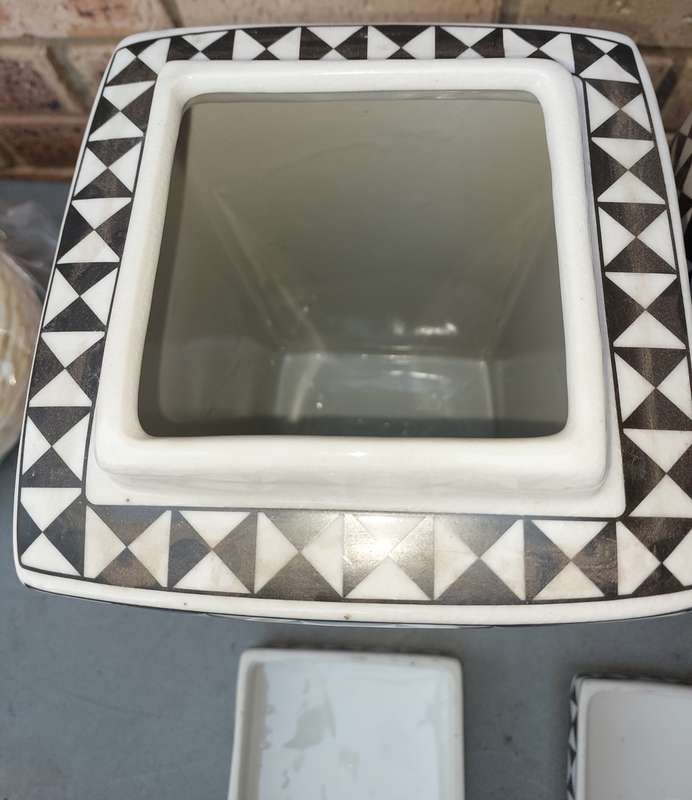 TWO BEAUTIFUL ART DECOR CHECKERED COLOURED PORCELAIN STORAGE JARS
